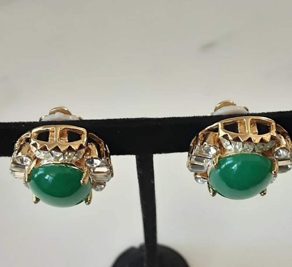 Chrysoprase Cabochon Gold Plated Baguette | Round CZ Clip On Earrings - Vtg
